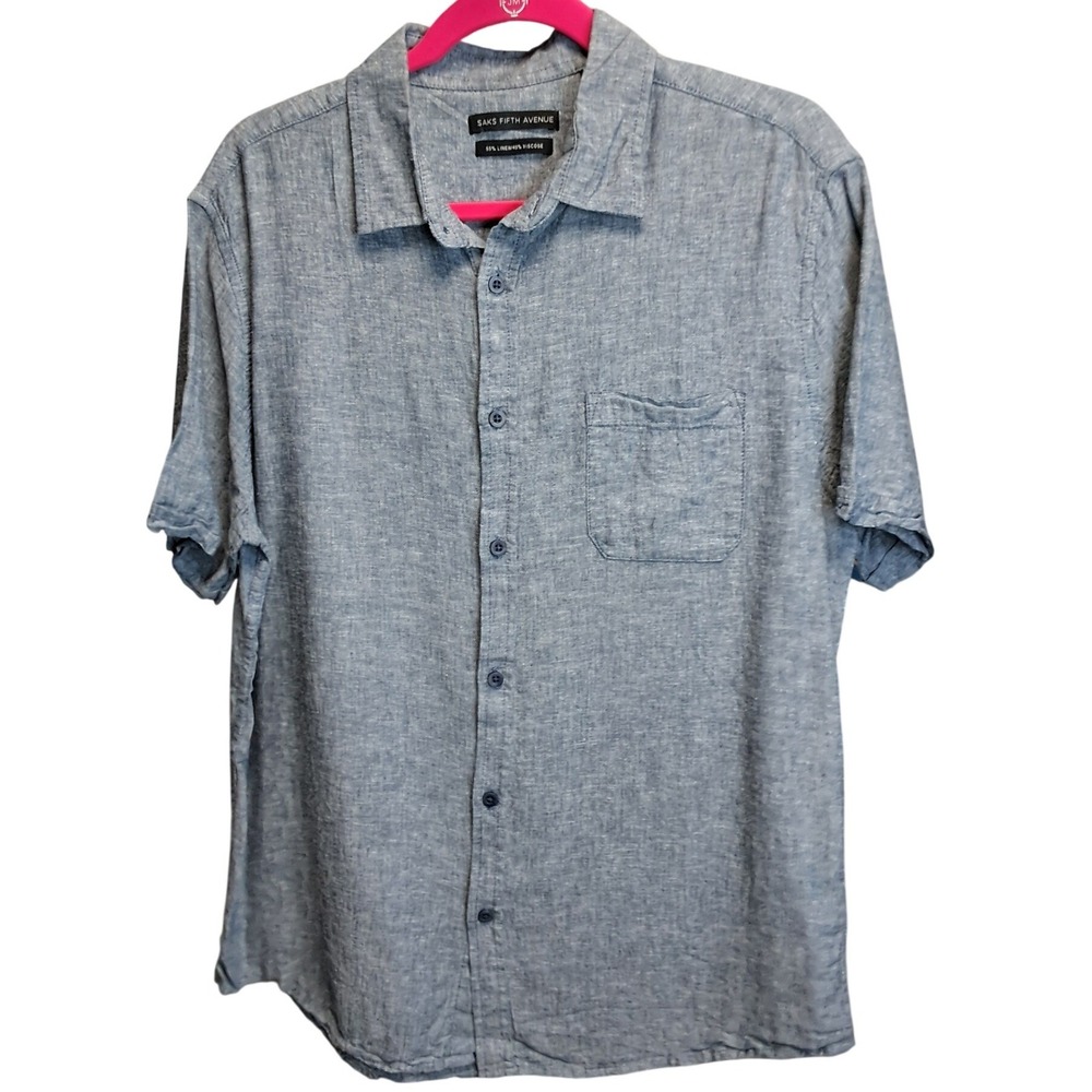 Saks Fifth Avenue Mens Large Blue Linen Viscose Short Sleeve Button Down Shirt